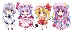  apron ascot bat_wings blonde_hair bow chibi crescent crescent_hair_ornament dress flandre_scarlet frilled_dress frilled_sleeves frills hair_ornament hat hat_bow izayoi_sakuya knife laevatein lavender_hair long_sleeves maid_apron maid_headdress mayo_(miyusa) mob_cap multiple_girls one_eye_closed patchouli_knowledge philosopher&#039;s_stone purple_eyes purple_hair red_eyes remilia_scarlet sash shoes short_sleeves side_ponytail silver_hair socks touhou white_background wide_sleeves wings 