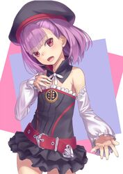  :d ass_visible_through_thighs bare_shoulders belt beret black_dress black_hat blush commentary_request cowboy_shot detached_sleeves doonatsu. dress fate/grand_order fate_(series) female hand_on_own_chest hand_up hat head_tilt helena_blavatsky_(fate) highres long_sleeves looking_at_viewer open_mouth outstretched_arm puffy_long_sleeves puffy_sleeves purple_hair red_belt red_eyes sefirot smile solo strapless strapless_dress white_sleeves 