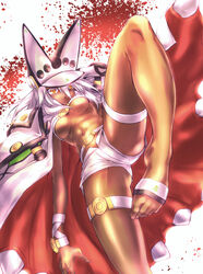  barefoot belt belt_bra breasts cape commentary_request dark-skinned_female dark_skin feet female guilty_gear guilty_gear_xrd highres kicking long_hair makie_fujiyuki medium_breasts navel orange_eyes ramlethal_valentine short_shorts shorts slit_pupils smile solo standing standing_on_one_leg thigh_strap thighs toes underboob white_hair 