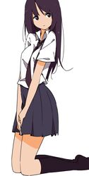  black_eyes black_skirt black_socks blouse closed_mouth female grey_background kneehighs kneeling long_hair original pleated_skirt purple_hair school_uniform shimano shirt short_sleeves simple_background skirt socks solo white_shirt 