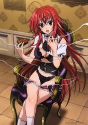  absurdres ahoge blue_eyes bra breasts cleavage crossed_legs female food gotou_junji high_school_dxd highres large_breasts long_hair looking_at_viewer official_art open_mouth page_tear panties red_hair revealing_layer rias_gremory school_uniform solo underwear very_long_hair 