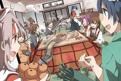  6+girls akagi_(kancolle) akitsu_maru_(kancolle) alcohol arrow_(projectile) bad_id bad_pixiv_id batsubyou black_hair brown_eyes brown_hair bucket chitose_(kancolle) chiyoda_(kancolle) clock error_musume food fruit futon girl_holding_a_cat_(kancolle) glasses gloves grey_hair hachimaki hair_ribbon hat headband highres hiryuu_(kancolle) hiyou_(kancolle) houshou_(kancolle) japanese_clothes jun&#039;you_(kancolle) kaga_(kancolle) kantai_collection long_hair mandarin_orange multiple_girls muneate open_mouth ponytail ribbon ryukadomatsu ryuujou_(kancolle) sake short_hair shouhou_(kancolle) shoukaku_(kancolle) smile souryuu_(kancolle) taihou_(kancolle) translation_request twintails visor_cap zuihou_(kancolle) zuikaku_(kancolle) 