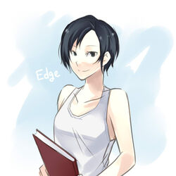  ace_combat ace_combat_5 bare_shoulders black_eyes black_hair book character_name commentary_request female kei_nagase mimura_tokusa short_hair smile solo tank_top 