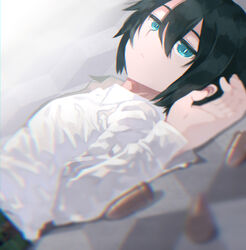  androgynous black_hair blue_eyes blurry bullet closed_mouth collared_shirt commentary depth_of_field expressionless eyelashes female hair_between_eyes kino_(kino_no_tabi) kino_no_tabi long_sleeves looking_at_viewer luo. lying on_back photoshop_(medium) shirt short_hair tomboy white_shirt 