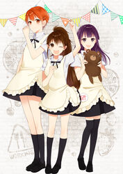  3girls :d ;d aki_nattsu apron arm_up black_eyes black_footwear black_legwear black_ribbon black_skirt brown_eyes brown_hair commentary_request floating_hair full_body grey_background high_ponytail highres holding holding_stuffed_toy inami_mahiru kneehighs loafers long_hair looking_at_viewer miniskirt multiple_girls neck_ribbon one_eye_closed open_mouth orange_hair pleated_skirt purple_hair ribbon shirt shoes short_hair short_sleeves skirt smile socks standing stuffed_animal stuffed_toy taneshima_popura teddy_bear thighhighs very_long_hair wagnaria_uniform white_apron white_shirt working!! yamada_aoi zettai_ryouiki 