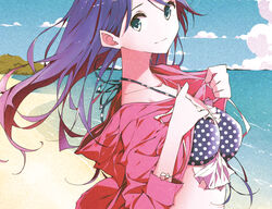  aqua_eyes beach bikini bikini_under_clothes blue_bikini blue_hair breasts closed_mouth cloud commentary_request day female floating_hair from_side gradient_hair green_eyes halterneck hands_up hood hoodie horizon joukamachi_no_dandelion light_smile long_hair looking_at_viewer medium_breasts multicolored_hair ocean open_clothes open_hoodie outdoors pink_hair polka_dot polka_dot_bikini purple_hair sakurada_aoi shimano smile solo swimsuit upper_body wind 