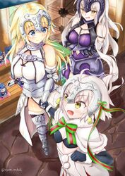  3girls :o absurdres ahoge armor armored_dress bell bikini bikini_top_only black_bikini black_gloves blonde_hair blue_eyes blush bow breasts capelet chains cleavage cleavage_cutout clothing_cutout commentary_request crossed_arms elbow_gloves fate/grand_order fate_(series) fur-trimmed_capelet fur_trim gauntlets gilles_de_rais_(caster)_(fate) gloves green_bow green_ribbons grey_hair headpiece highres holding_hands jeanne_d&#039;arc_(fate) jeanne_d&#039;arc_(third_ascension)_(fate) jeanne_d&#039;arc_alter_(avenger)_(fate) jeanne_d&#039;arc_alter_(avenger)_(third_ascension)_(fate) jeanne_d&#039;arc_alter_(fate) jeanne_d&#039;arc_alter_santa_lily_(fate) large_breasts long_hair multiple_girls navel navel_cutout nyoon ribbon small_breasts smile striped striped_bow striped_ribbon swimsuit white_capelet yellow_eyes 