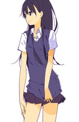  black_eyes black_hair black_skirt closed_mouth collared_shirt cowboy_shot dress_shirt female light_smile long_hair looking_to_the_side miniskirt original pleated_skirt school_uniform shimano shirt short_sleeves skirt smile solo sweater_vest white_shirt 