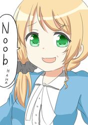  absurdres beni_mirin blonde_hair blue_jacket commentary_request ellen_baker english_text female green_eyes highres insult insulting_viewer jacket laughing long_hair new_horizon shirt slang smirk solo speech_bubble white_shirt 