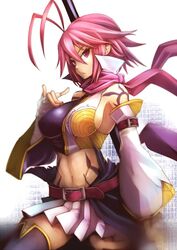  bad_id bad_twitter_id bandages bare_shoulders belt breasts commentary_request detached_sleeves female koihime_musou large_breasts midriff navel pink_eyes pink_hair ryofu scarf sideboob skirt solo sowel_(sk3) tattoo thighhighs 