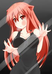  against_fourth_wall against_glass animal_ears bare_arms bare_shoulders black_dress breast_press breasts breasts_on_glass cat_ears catstudioinc_(punepuni) cheek_on_glass cheek_press cleavage collarbone commentary dress female fourth_wall highres large_breasts long_hair original puni_(miku_plus) red_eyes red_hair reflection sleeveless sleeveless_dress solo very_long_hair 