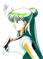  bishoujo_senshi_sailor_moon bow brown_bow choker earrings female green_hair hair_bun jewelry lipstick long_hair magical_girl makeup marco_albiero marker_(medium) meiou_setsuna pink_lips profile red_eyes sailor_pluto sailor_senshi_uniform signature simple_background single_hair_bun solo star_(symbol) star_choker super_sailor_pluto tiara traditional_media upper_body white_background 