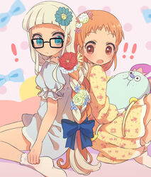  2girls :o aikatsu! aikatsu!_(series) arisugawa_otome blonde_hair braid brown_eyes commentary flower glasses green_eyes hair_down hair_flower hair_ornament hair_ribbon highres linaria_(ookinahitomi) multiple_girls open_mouth orange_hair pajamas photoshop_(medium) ribbon todo_yurika 