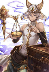  1boy :3 animal_ears bag balance_scale balancing blue_eyes chains closed_mouth commentary_request cowboy_shot detached_sleeves erune eyebrows granblue_fantasy hair_between_eyes halterneck highres jewelry leaning_to_the_side looking_at_viewer male_focus photoshop_(medium) pointing shao_(granblue_fantasy) simple_background sleeveless smoke solo tenyo0819 turtleneck veil weighing_scale white_background white_hair 