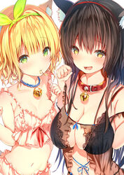  2girls :d animal_ears babydoll bare_arms bare_shoulders bell black_hair blonde_hair blush breasts cat_ears cleavage closed_mouth collar commentary_request green_eyes green_ribbons hair_between_eyes hair_in_own_mouth hair_ribbon hairband jingle_bell kawaikereba_hentai_demo_suki_ni_natte_kuremasu_ka? koga_yuika large_breasts lingerie long_hair looking_at_viewer multiple_girls navel neck_bell open_mouth red_collar red_hairband ribbon simple_background small_breasts smile sune_(mugendai) tokihara_sayuki underwear white_background yellow_eyes 