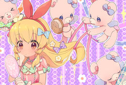  &gt;_&lt; :3 aikatsu! aikatsu!_(series) aqua_bow bead_necklace beads bear blonde_hair blush bow brown_eyes closed_eyes commentary_request dressing eyelashes female flower gloves hair_brush hair_flower hair_ornament hair_ribbon hairband hairbow hand_mirror hand_on_own_cheek hand_on_own_face holding holding_bow_(ornament) holding_brush holding_mirror holding_ribbon hoshimiya_ichigo jewelry linaria_(ookinahitomi) long_hair looking_at_another mirror necklace outline photoshop_(medium) pink_ribbon polka_dot polka_dot_bow purple_background purple_bow red_bow red_eyes ribbon short_sleeves sparkle striped striped_bow tying_hair upper_body white_flower white_gloves white_outline wings 