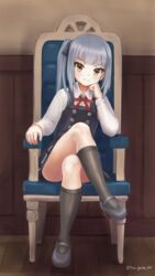  bad_id bad_pixiv_id belt black_ribbon black_socks chair commentary_request crossed_legs dress female grey_hair highres kantai_collection karashi_(tou_gara_shi) kasumi_(kancolle) kasumi_kai_ni_(kancolle) kneehighs long_hair long_sleeves mary_janes pinafore_dress red_ribbon ribbon shirt shoes side_ponytail sitting sleeveless sleeveless_dress socks solo twitter_username white_shirt yellow_eyes 