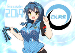  2014 :d blue_hair blush braid breasts commentary_request female furutani_himawari green_eyes hairband hoppege j._league kawasaki_frontale large_breasts looking_at_viewer open_mouth short_hair smile soccer_uniform solo sportswear twin_braids yuru_yuri 