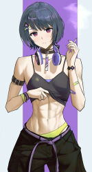 abs arm_belt bandaid bandaid_on_arm bare_shoulders black_choker black_hair black_pants black_tank_top bracelet breasts choker cigarette clothes_pull collarbone commentary cowboy_shot eyelashes female green_panties grey_background hair_ornament hand_up headphones headphones_around_neck highres holding holding_cigarette jewelry koshimizu_toru light_blush looking_at_viewer madoro_q midriff mole mole_under_eye navel nijisanji panties pants parted_lips purple_background purple_eyes purple_nails purple_ribbon ribbon shirt_pull short_hair small_breasts smoke solo tank_top toned toned_female triangle_hair_ornament underwear virtual_youtuber waist_ribbon 