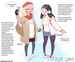  2girls backpack black_hair blonde_hair buttons coat cold coupon deception domestication earmuffs english_text eyebrows femsub flower friends glasses gloves gray_eyes green_eyes hair_clip hair_ornament handbag hat high_heels holding_hands jacket lies lipstick maledom nimbletail number ominous phone phone_case pocket renamed scarf short_shorts simple_background skirt spa stalking stockings sweater text wink 