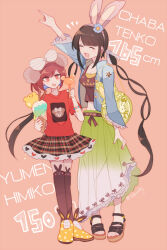  2girls ^_^ aegyo_sal alternate_costume animal_bag animal_ear_footwear animal_ear_hairband animal_ear_legwear animal_ears animal_print asymmetrical_skirt bag bead_bracelet beads bear_ear_hairband bear_ears bear_print black_hair black_skirt black_tank_top black_thighhighs blue_flower blue_jacket blunt_bangs blunt_ends bob_cut bow bow_hairband bra bracelet brown_hairband brown_ribbon brown_sandals casual chabashira_tenko character_name closed_eyes clothes_writing collared_jacket commentary_request danganronpa_(series) danganronpa_v3:_killing_harmony dot_nose earrings eyelashes fake_animal_ears flower food frilled_skirt frilled_sleeves frills full_body fur-trimmed_skirt fur_trim gradient_clothes gradient_skirt green_bag green_bra green_skirt grey_bow hair_flower hair_ornament hairband hairbow happy heart heart_print height height_difference high_collar holding holding_food holding_ice_cream holding_ice_cream_cone ice_cream ice_cream_cone jacket jewelry long_hair looking_at_viewer low_twintails midriff miniskirt multi-tied_hair multiple_girls nail_polish navel open_clothes open_jacket open_mouth orange_background pink_hairband pink_nails plaid_clothes plaid_skirt platform_sandals pleated_skirt pointing print_jacket print_shirt print_shoes print_skirt print_thighhighs rabbit_ear_hairband rabbit_ears rabbit_print red_eyes red_hair red_shirt ribbon sakura_(fein5862817) sandals shirt shoes short_hair short_sleeves shoulder_bag simple_background skirt smile sneakers sphere_earrings standing star_(symbol) star_print striped_bow t-shirt tank_top thighhighs toes twintails twitter_username two-tone_skirt underwear very_long_hair waist_ribbon white_bow white_skirt yellow_shoes yumeno_himiko 