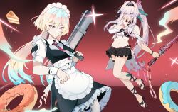  apron aqua_hair bikini bikini_skirt black_bikini black_dress breasts cake cake_slice chinese_commentary commentary_request donut dress food gradient_hair grey_hair hair_intakes highres holding holding_sword holding_weapon honkai_(series) honkai_impact_3rd lantern_(at_your_service)_(honkai_impact) lantern_(honkai_impact) long_hair maid maid_apron maid_headdress medium_breasts midriff multicolored_eyes multicolored_hair navel official_alternate_costume ponytail purple_eyes red_background rocket_launcher sandals swimsuit sword thelema_nutriscu thelema_nutriscu_(roseate_summer) toes two-tone_eyes very_long_hair weapon white_dress zona 