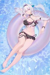  absurdres arm_behind_head arm_up bare_legs bare_shoulders barefoot bikini bikini_skirt black_hairband black_skirt bracelet breasts commentary criss-cross_halter feet female from_above hair_between_eyes hair_intakes hairband halterneck highres honkai_(series) honkai_impact_3rd innertube jewelry large_breasts legs long_hair looking_at_viewer miniskirt navel niao_fan official_alternate_costume parted_lips ponytail purple_eyes skirt solo stomach string_bikini swim_ring swimsuit thelema_nutriscu thelema_nutriscu_(roseate_summer) toes white_hair 