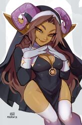  1girls absurd_res amber_eyes artist_name artist_signature brown_hair female female_only goblin goblin_female gobtober gobtober_2023 green_skin horns long_hair looking_at_viewer maewix1 nun nun&#039;s_habit pointy_ears smiling smiling_at_viewer solo thighhighs white_thighhighs 