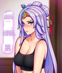  1girls 2d blue_eyes breasts dialogue english_text female female_only flustered hair_ornament ikkimay lian_(paladins) light-skinned_female light_skin long_hair looking_at_viewer paladins solo solo_female sports_bra tagme text 