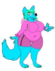  3_toes 4_fingers alpha_channel anthro blue_body blue_fur colored_nails curled_tail ear_piercing feet fingernails fingers fur green_eyes green_fingernails green_hair green_nails hair hi_res i_eat_cereal male nails pawpads piercing slightly_chubby solo tail thick_thighs toes 