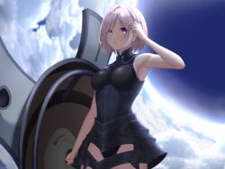  armor armored_leotard armpits bare_shoulders black_armor black_leotard blue_sky blush breastplate breasts cloud commentary diootaro fallstreak_hole fate/grand_order fate_(series) female hand_in_own_hair highres holding holding_shield holding_weapon leotard light_purple_hair looking_at_viewer lord_camelot_(fate) mash_kyrielight purple_eyes shield short_hair sky sleeveless solo twitter_username weapon 