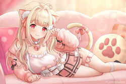  :3 ahoge animal_ear_fluff animal_ears bell belt black_ribbon blonde_hair blunt_bangs blush bow breasts cat_ears cat_girl cat_tail choker cleavage cleavage_cutout closed_mouth clothing_cutout couch curly_hair eyelashes female fishnet_socks fishnets foot_out_of_frame frilled_shirt frills hair_intakes hair_ribbon hand_up head_tilt heart heart_ahoge heart_choker heart_cutout jacket jingle_bell kemomimi_refle! kirifrog large_breasts legs_together long_hair long_sleeves looking_at_viewer lying neck_bell nekoma_karin off-shoulder_shirt off_shoulder on_back on_couch on_side open_clothes open_jacket paw_print pillow pink_bow pink_jacket pink_ribbon pink_skirt plaid plaid_skirt red_eyes red_ribbon ribbon shirt sidelocks skirt sleeves_past_wrists smile socks solo tail tail_bow tail_ornament tail_raised tail_ribbon thigh_strap virtual_youtuber wavy_hair white_belt white_choker white_shirt white_socks 