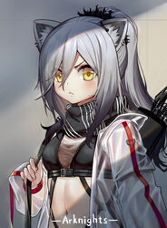  absurdres animal_ear_fluff animal_ears arknights black_scarf blush breasts cat_ears commentary copyright_name crop_top earrings female grey_hair hair_between_eyes highres indoors jacket jewelry long_hair long_sleeves looking_at_viewer medium_breasts midriff navel open_clothes open_jacket quiver scarf schwarz_(arknights) see-through solo stomach upper_body v-shaped_eyebrows white_jacket yellow_eyes yizhirenben 