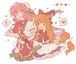  ! 2girls bad_id bad_twitter_id bandaged_arm bandages belt blush bow bowtie breasts cuffs cup double_bun flower green_skirt hair_bun heart horns ibaraki_kasen ibuki_suika long_hair multiple_girls oerba_yun_fang oni oni_horns open_mouth orange_eyes orange_hair pink_eyes pink_hair puffy_short_sleeves puffy_sleeves rbfnrbf_(mandarin) red_bow red_bowtie red_ribbon ribbon ribbon-trimmed_clothes ribbon_trim rose sakazuki short_hair short_sleeves skirt tabard torso_grab touhou 