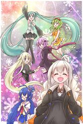  6+girls absurdly_long_hair ahoge animal_ears aqua_eyes aqua_hair aqua_nails aqua_necktie arm_up bad_id bad_pixiv_id bare_shoulders black_dress black_jacket black_shirt black_skirt black_sleeves black_thighhighs blonde_hair blue_eyes blue_hair boots braid cevio collared_shirt detached_sleeves dress eel_hat ekaki-ya_okamoto elbow_gloves facing_viewer fingerless_gloves frilled_skirt frills gloves goggles goggles_on_head green_eyes green_hair grey_shirt gumi hair_ornament hat hatsune_miku highres holding_hands hood hooded_jacket ia_(vocaloid) jacket kizuna_akari knee_boots long_hair looking_at_viewer medium_hair mini_hat multiple_girls nail_polish necktie open_mouth orange_gloves orange_shirt otomachi_una otomachi_una_(sugar) outstretched_arm pink_skirt pleated_skirt purple_dress purple_eyes purple_hair purple_legwear rabbit_ears rainbow_background red_goggles red_necktie sailor_collar shirt skirt sleeveless sleeveless_shirt smile thighhighs twin_braids twintails very_long_hair vocaloid voiceroid white_hair wide_shot yellow_skirt yuzuki_yukari zettai_ryouiki 