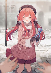  :d anna_(ikeuchi_tanuma) beret black_gloves black_headwear blush closed_eyes coat commentary_request facing_viewer female gloves hat highres holding ice_cream_scoop ikeuchi_tanuma long_hair neck_ribbon original outdoors pink_coat pov pov_hands quad_tails red_hair red_ribbon red_skirt ribbon skirt smile snow solo_focus tongs twintails twitter_username 