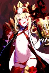  ahoge bikini blonde_hair braid breasts chalice criss-cross_halter crown cup dragon_claw dragon_tail elbow_gloves facial_mark fate/grand_order fate/grand_order_arcade fate_(series) female french_braid gloves gold_crown hair_bun hair_intakes hair_ribbon halterneck highres long_hair looking_at_viewer mightyjump98 navel nero_claudius_(fate) open_clothes open_mouth pointed_crown queen_draco_(fate) queen_draco_(second_ascension)_(fate) red_bikini red_eyes red_ribbon ribbon robe scales small_breasts smile solo swimsuit tail thighs white_gloves white_robe 