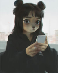  4:5 5_fingers anthro biped brown_eyes canid canine canis cellphone city clothed clothing detailed_background digital_media_(artwork) domestic_dog electronics female fingers fur hair holding_object looking_at_viewer mammal phone solo terry_grimm 