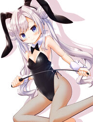  animal_ears bangs bare_shoulders black_leotard black_neckwear blue_eyes bow bowtie breasts bunny_ears bunny_tail chauke closed_mouth commentary_request detached_collar double_bun fake_animal_ears female fishnet_legwear fishnets highres leotard long_hair looking_at_viewer magia_record:_mahou_shoujo_madoka_magica_gaiden mahou_shoujo_madoka_magica pantyhose playboy_bunny riding_crop simple_background small_breasts solo strapless strapless_leotard tail twintails white_background white_hair wrist_cuffs yakumo_mikage 