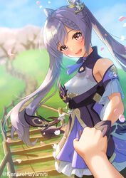  1boy bare_shoulders blue_sky blush braid cherry_blossoms day double_bun dress female frilled_sleeves frills genshin_impact gloves hair_bun hair_ornament hairclip highres holding_hands kenjirohayamiti keqing_(genshin_impact) looking_at_viewer open_mouth outdoors pantyhose petals pov purple_eyes purple_gloves purple_hair sky smile twintails 