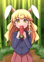  :3 absurdres alternate_costume animal_ears bamboo bamboo_forest blazer blonde_hair blouse braid buttons carrot collared_shirt cosplay eating female forest highres jacket kirisame_marisa long_hair medium_skirt nature necktie new_super_marisa_land pleated_skirt rabbit_ears red_necktie red_skirt reisen_udongein_inaba reisen_udongein_inaba_(cosplay) shirt single_braid skirt solo touhou white_shirt xanadu_avici yellow_eyes 