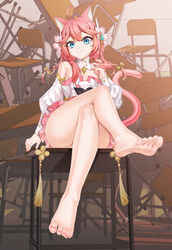  absurdres animal_ears bare_legs barefoot blue_eyes breasts cat_ears cat_tail chair chinese_commentary classroom closed_mouth commentary_request convenient_leg crossed_legs desk detached_collar detached_sleeves dress eyelashes feet female foot_focus foreshortening frilled_dress frills hair_ornament hand_up highres indie_virtual_youtuber indoors leaning_back legs long_hair looking_at_viewer nail_polish on_desk pink_dress pink_hair pink_nails sakurada_hane school_chair school_desk shadow shiny_skin short_dress sidelocks sitting small_breasts soles solo tail thighs toenail_polish toenails toes variant_set virtual_youtuber xo_(xo17800108) 