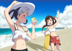  2girls absurdres ahoge alternate_costume bad_id bad_pixiv_id bambinata_(punishing:_gray_raven) beach black_hair black_shorts blue_bra blue_eyes bottle bra braid brown_hair cloud hair_ornament hand_on_own_head heart heart-shaped_pupils heart_hair_ornament highres holding holding_bottle holding_swim_ring horizon innertube long_hair multicolored_hair multiple_girls navel ocean outdoors pixiv61627685 pulao_(punishing:_gray_raven) punishing:_gray_raven sarong shorts side_ponytail sky swim_ring symbol-shaped_pupils tank_top teeth twin_braids two-tone_hair underwear upper_teeth_only white_hair white_tank_top 