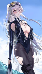  absurdres alternate_costume armpit_cutout azur_lane blue_sky blush bodysuit breasts clothing_cutout cloud cloudy_sky diving_suit enterprise_(azur_lane) enterprise_(diving_under_blue_skies)_(azur_lane) eyebrows_hidden_by_hair feet_out_of_frame female flippers goggles goggles_on_head hair_between_eyes haizou_bingsan highres holding large_breasts long_hair looking_at_viewer official_alternate_costume pantyhose plunging_neckline ponytail purple_eyes scuba scuba_tank sky solo swimsuit torn_clothes torn_pantyhose water wet wetsuit white_hair 