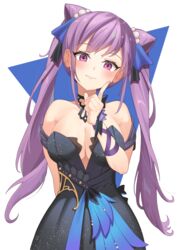  absurdres bare_shoulders black_dress blush bow bowtie breasts cleavage double_bun dress female genshin_impact hair_bun hair_ornament half-closed_eyes highres keqing_(genshin_impact) keqing_(opulent_splendor)_(genshin_impact) large_breasts neil_(neil_nim) purple_eyes purple_hair simple_background smile solo strapless strapless_dress twintails white_background 