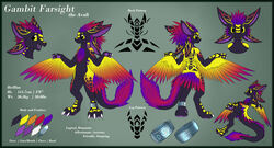  3_fingers 3_toes 4_ears anklet avali avian black_body black_feathers black_tail claws english_text feathers feet fingers gambit_farsight jewelry model_sheet multi_ear nude orange_body orange_feathers pawpads purple_body purple_feathers purple_inner_ear purple_mouth purple_pawpads purple_tail purple_tongue purple_tuft red_body red_feathers scutes simple_background solo tail tail_fluff tail_tuft teeth text thick_tail toes tongue tuft white_claws xeirla yellow_body yellow_feathers yellow_sclera yellow_scutes 