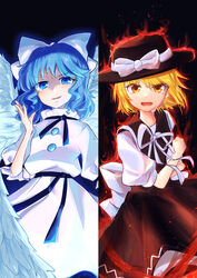  2girls angel_wings angry aura back_bow black_ribbon black_sash blonde_hair blue_eyes blue_hair bow brown_headwear brown_skirt brown_vest buttons clenched_hand commentary_request crying crying_with_eyes_open derivative_work dress feathered_wings fedora fire hairbow hat hat_bow highres mai_(touhou) multiple_girls mystic_square open_mouth outstretched_hand puffy_short_sleeves puffy_sleeves ribbon sash shirt short_hair short_sleeves skirt smirk tears touhou touhou_(pc-98) uzumibi v-shaped_eyebrows vest white_bow white_dress white_ribbon white_shirt white_wings wings yellow_eyes yuki_(touhou) 