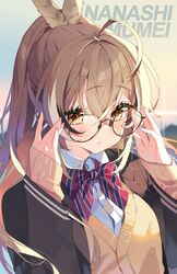  ahoge bespectacled blazer blurry blurry_background bow brown_eyes brown_hair cardigan character_name collared_shirt feather_hair_ornament feathers female film_grain glasses hair_ornament highres hololive hololive_english jacket long_hair looking_at_viewer multicolored_hair nanashi_mumei official_alternate_costume parted_lips ponytail ribbon round_eyewear school_uniform shirt sleeves_past_wrists solo sparkle streaked_hair striped striped_bow sweater very_long_hair virtual_youtuber white_shirt yellow_cardigan yellow_sweater yotte 