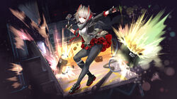  ahoge antennae arknights bag black_bag black_gloves black_jacket black_pantyhose black_scarf black_skirt demon_horns detonator duffel_bag explosion explosive female fingerless_gloves full_body gloves grenade grey_hair grey_shirt hellnyaa highres horns jacket long_sleeves looking_at_viewer open_clothes open_jacket pantyhose recruitment_bag_(arknights) red_eyes red_nails scarf shirt short_hair skirt smile solo standing w_(arknights) 