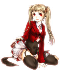  :d asmodeus_(umineko) between_legs black_leotard black_thighhighs blonde_hair blush breasts collared_shirt female full_body garter_straps hand_between_legs jacket leotard long_hair long_sleeves looking_at_viewer medium_breasts misumi_kouji navel necktie open_clothes open_jacket open_mouth pink_necktie red_eyes red_jacket shirt showgirl_skirt simple_background smile solo stakes_of_purgatory thighhighs twintails umineko_no_naku_koro_ni white_background white_shirt wing_collar 